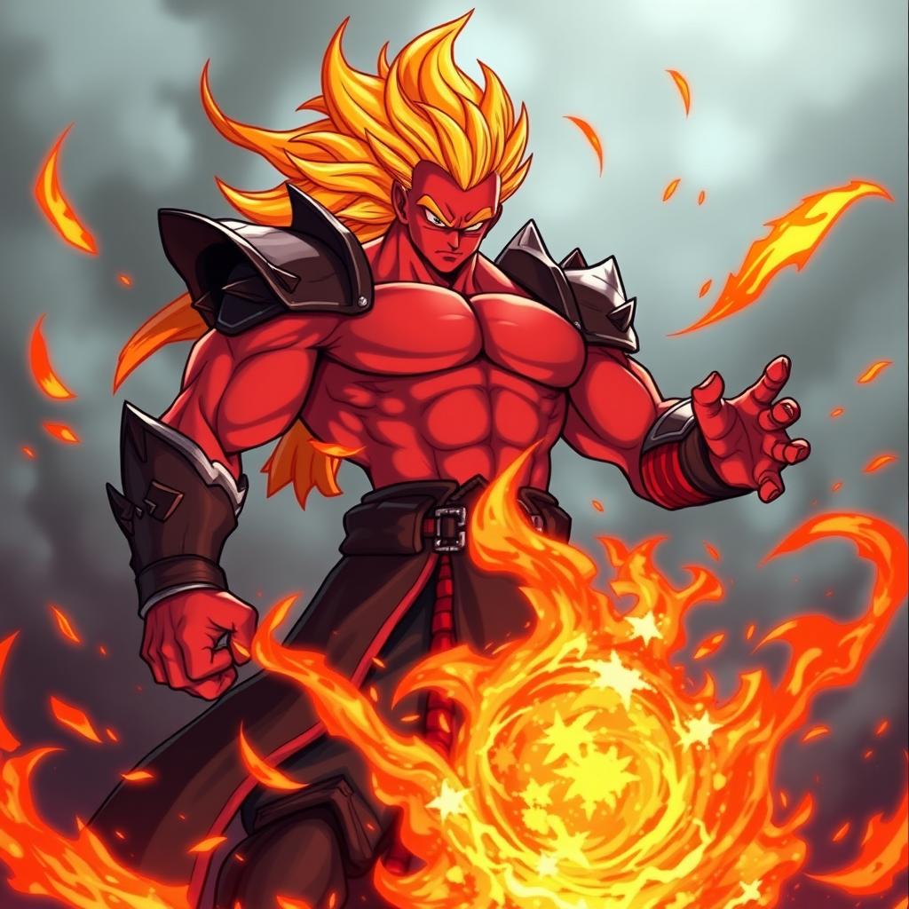 Kael, the Fire Warrior is a tall, muscular man with reddish skin emitting a glowing heat aura