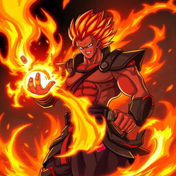 Kael, the Fire Warrior is a tall, muscular man with reddish skin emitting a glowing heat aura