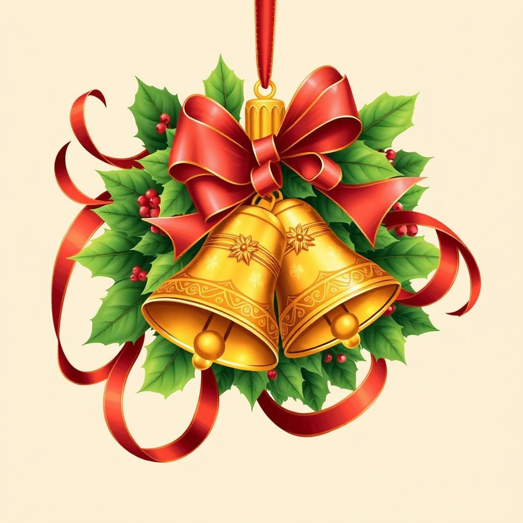 A festive illustration of a Christmas ornament featuring two beautifully crafted golden bells surrounded by lush green holly leaves