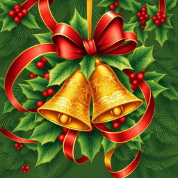 A festive illustration of a Christmas ornament featuring two beautifully crafted golden bells surrounded by lush green holly leaves