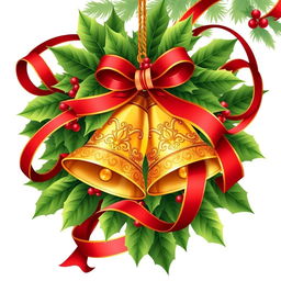 A festive illustration of a Christmas ornament featuring two beautifully crafted golden bells surrounded by lush green holly leaves