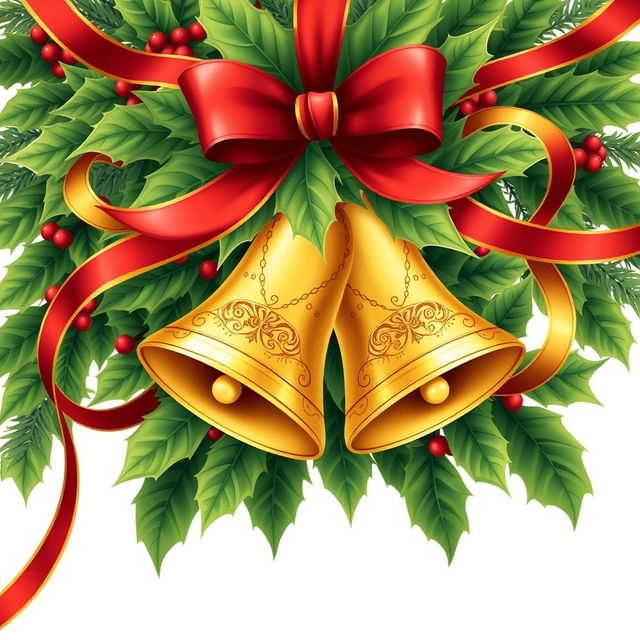 A festive illustration of a Christmas ornament featuring two beautifully crafted golden bells surrounded by lush green holly leaves