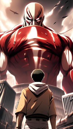 Anime-style profile picture featuring a colossal titan from 'Attack on Titan' holding a man sandwich against a backdrop of a war-torn cityscape.