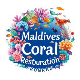 Logo for the "Maldives Coral Restoration Program" featuring vibrant illustrations of diverse corals and an array of sea life, including colorful fish and playful turtles, all seamlessly blended into a modern design