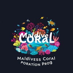 Logo for the "Maldives Coral Restoration Program" featuring vibrant illustrations of diverse corals and an array of sea life, including colorful fish and playful turtles, all seamlessly blended into a modern design