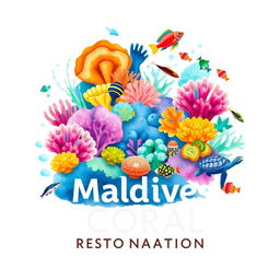 Logo for the "Maldives Coral Restoration Program" featuring vibrant illustrations of diverse corals and an array of sea life, including colorful fish and playful turtles, all seamlessly blended into a modern design