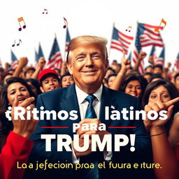 In a formal 16:9 aspect ratio, Donald Trump is smiling at the center, surrounded by an enthusiastic and diverse crowd of Latino supporters who are visibly excited and supportive