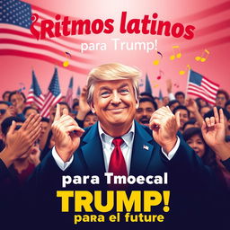 In a formal 16:9 aspect ratio, Donald Trump is smiling at the center, surrounded by an enthusiastic and diverse crowd of Latino supporters who are visibly excited and supportive