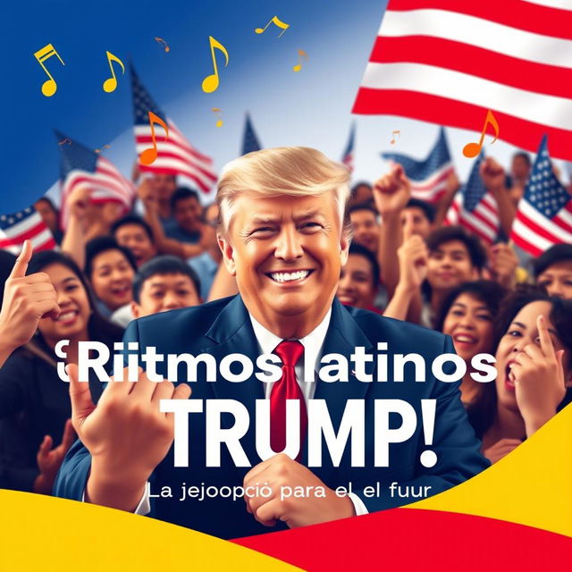 In a formal 16:9 aspect ratio, Donald Trump is smiling at the center, surrounded by an enthusiastic and diverse crowd of Latino supporters who are visibly excited and supportive