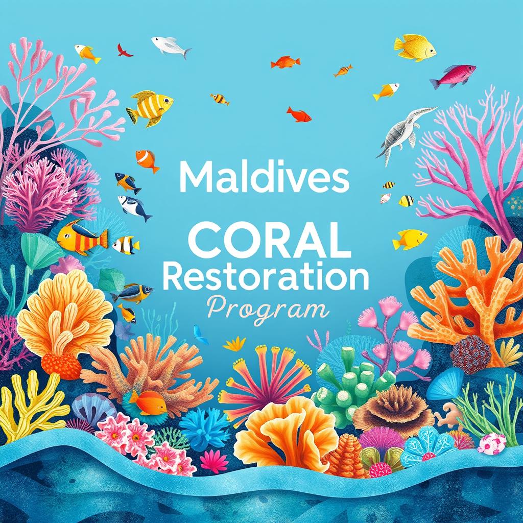 Innovative and eye-catching illustration art for the "Maldives Coral Restoration Program", showcasing vibrant and diverse corals alongside an array of sea life, such as colorful fish and playful turtles