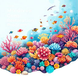 Innovative and eye-catching illustration art for the "Maldives Coral Restoration Program", showcasing vibrant and diverse corals alongside an array of sea life, such as colorful fish and playful turtles