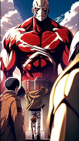 Anime-style profile picture featuring a colossal titan from 'Attack on Titan' holding a man sandwich against a backdrop of a war-torn cityscape.