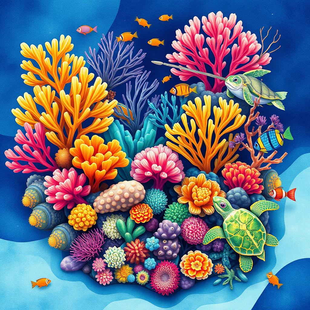 Innovative and eye-catching illustration art for the "Maldives Coral Restoration Program", showcasing vibrant and diverse corals alongside an array of sea life, such as colorful fish and playful turtles