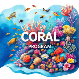 Innovative and eye-catching illustration art for the "Maldives Coral Restoration Program", showcasing vibrant and diverse corals alongside an array of sea life, such as colorful fish and playful turtles