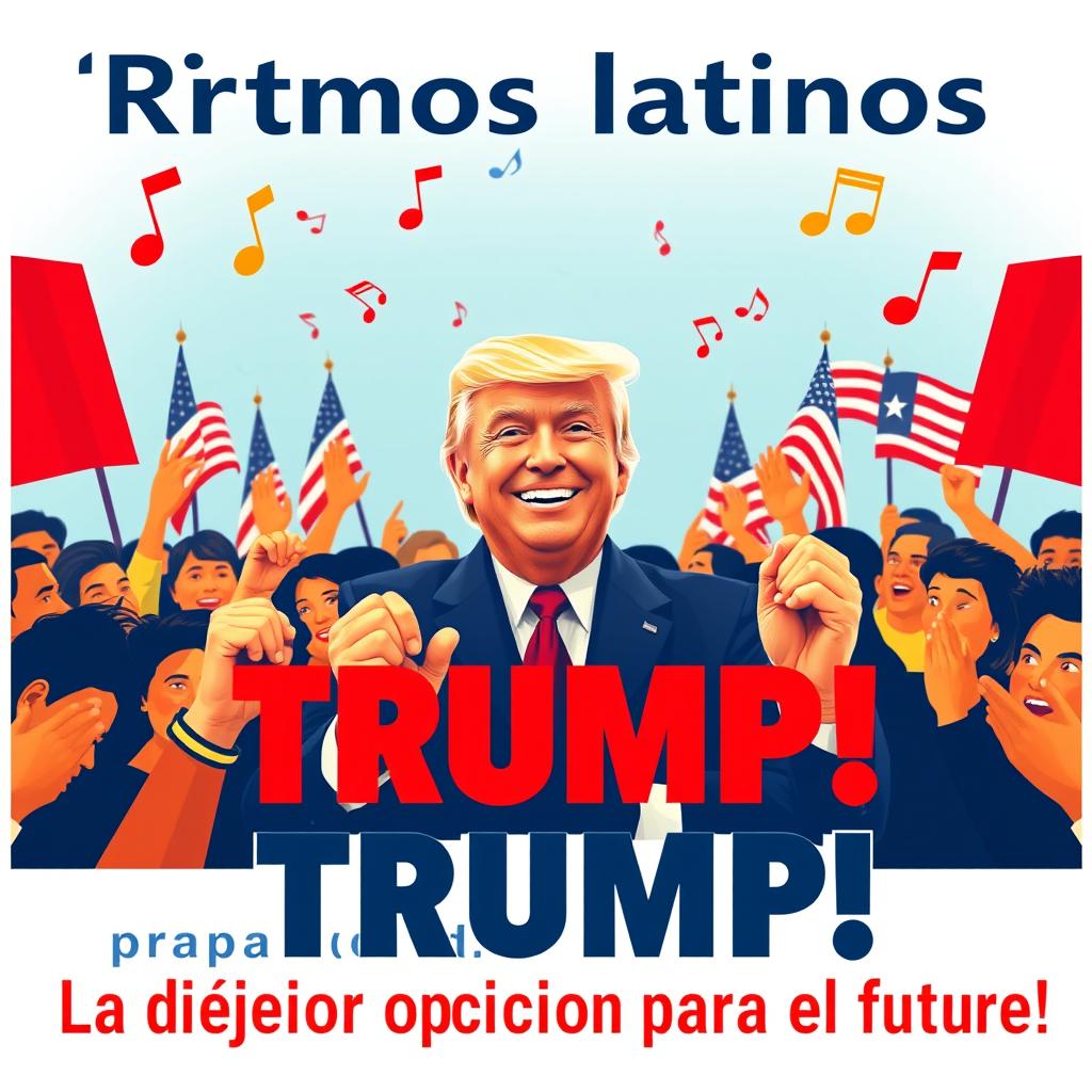 In a formal 16:9 aspect ratio, Donald Trump is smiling at the center, surrounded by an enthusiastic and diverse crowd of Latino supporters who are visibly excited and supportive