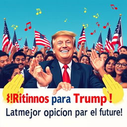 In a formal 16:9 aspect ratio, Donald Trump is smiling at the center, surrounded by an enthusiastic and diverse crowd of Latino supporters who are visibly excited and supportive