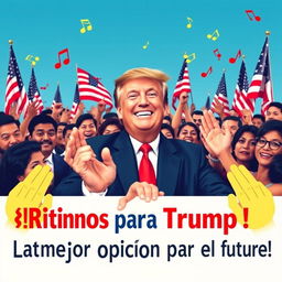 In a formal 16:9 aspect ratio, Donald Trump is smiling at the center, surrounded by an enthusiastic and diverse crowd of Latino supporters who are visibly excited and supportive