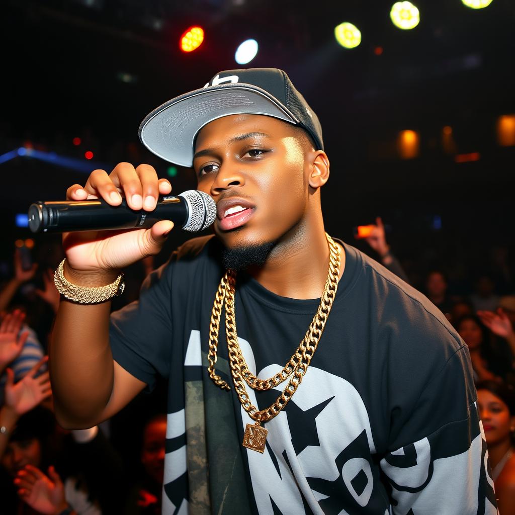 A charismatic chocolate rapper, wearing a stylish gold chain and a snapback hat, holding a microphone