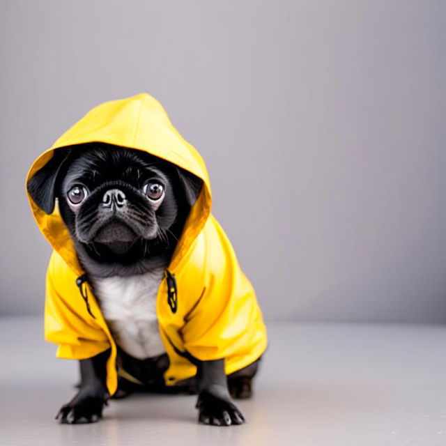 Profile picture of a charming black pug in a vibrant yellow rain jacket with its hood up, set against a soft, neutral background.