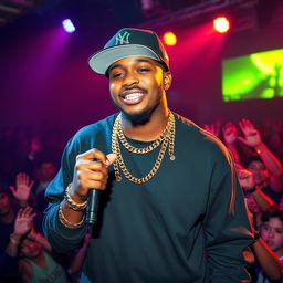 A charismatic chocolate rapper, wearing a stylish gold chain and a snapback hat, holding a microphone