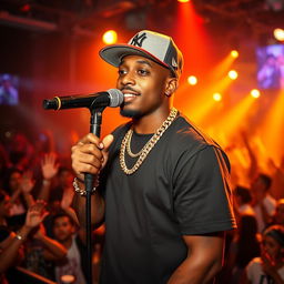 A charismatic chocolate rapper, wearing a stylish gold chain and a snapback hat, holding a microphone