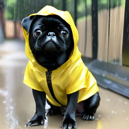 Profile picture of a charming black pug in a vibrant yellow rain jacket with its hood up, set against a soft, neutral background.