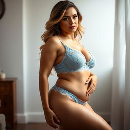 A voluptuous woman wearing baby blue lingerie, posing confidently with a sultry and alluring expression