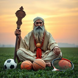 A wise and knowledgeable sports guru sitting cross-legged on a grassy field