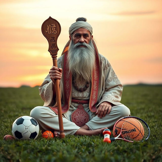 A wise and knowledgeable sports guru sitting cross-legged on a grassy field