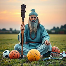 A wise and knowledgeable sports guru sitting cross-legged on a grassy field