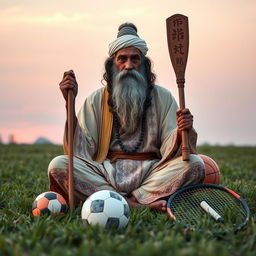 A wise and knowledgeable sports guru sitting cross-legged on a grassy field