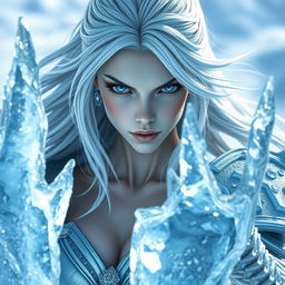 A slender woman with pale skin and flowing silver hair, wearing light blue armor adorned with sparkling ice crystals