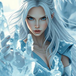 A slender woman with pale skin and flowing silver hair, wearing light blue armor adorned with sparkling ice crystals