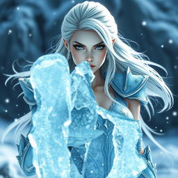 A slender woman with pale skin and flowing silver hair, wearing light blue armor adorned with sparkling ice crystals