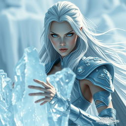 A slender woman with pale skin and flowing silver hair, wearing light blue armor adorned with sparkling ice crystals