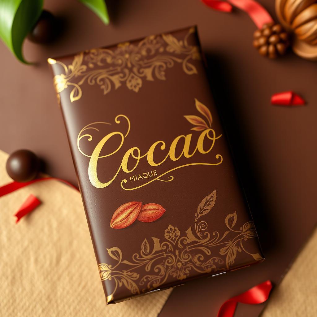 A beautifully designed chocolate package wrapping, featuring intricate patterns and rich colors