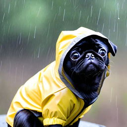 Profile picture of a charming black pug in a vibrant yellow rain jacket with its hood up, set against a soft, neutral background.