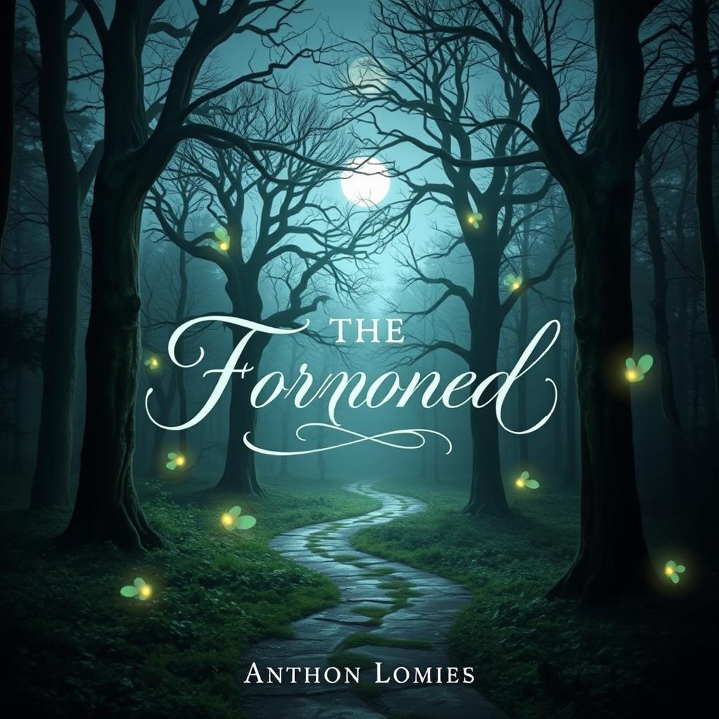 A captivating book cover design featuring an enchanted forest scene, with towering ancient trees under a moonlit sky