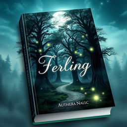 A captivating book cover design featuring an enchanted forest scene, with towering ancient trees under a moonlit sky