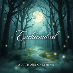 A captivating book cover design featuring an enchanted forest scene, with towering ancient trees under a moonlit sky