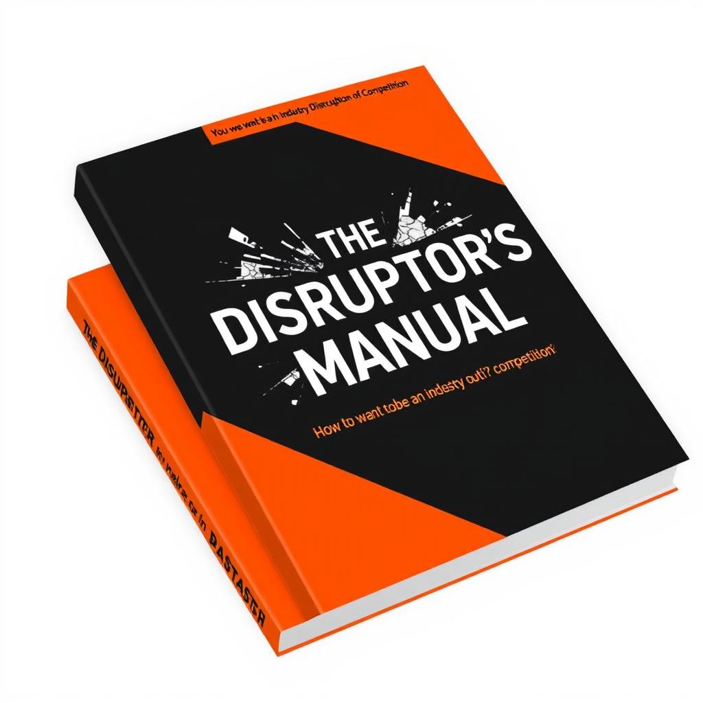 A book cover for 'The Disruptor's Manual: How to Stand Out in Competition' with a primary color scheme of black and bright orange