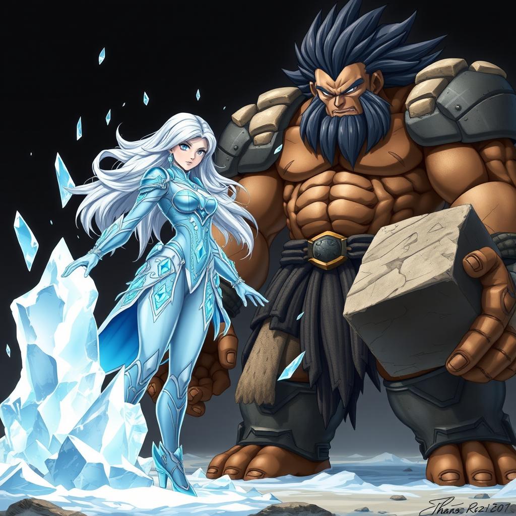 A slender woman with pale skin and flowing silver hair, wearing light blue armor adorned with sparkling ice crystals