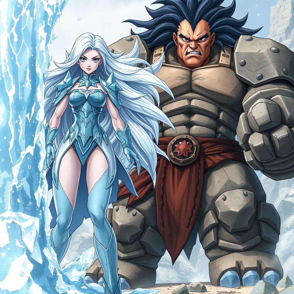 A slender woman with pale skin and flowing silver hair, wearing light blue armor adorned with sparkling ice crystals