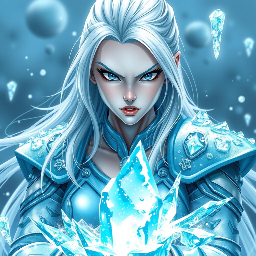 A slender woman with pale skin and flowing silver hair, wearing light blue armor adorned with sparkling ice crystals