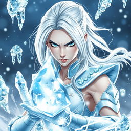 A slender woman with pale skin and flowing silver hair, wearing light blue armor adorned with sparkling ice crystals