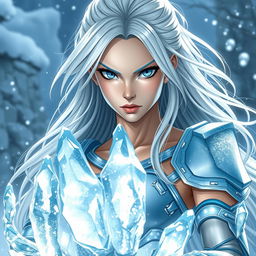 A slender woman with pale skin and flowing silver hair, wearing light blue armor adorned with sparkling ice crystals