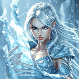 A slender woman with pale skin and flowing silver hair, wearing light blue armor adorned with sparkling ice crystals