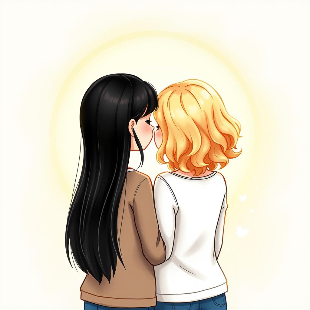 A charming book cover illustration featuring two friends, one with straight black hair and the other with semi-curly blonde hair, standing close together, facing each other from behind