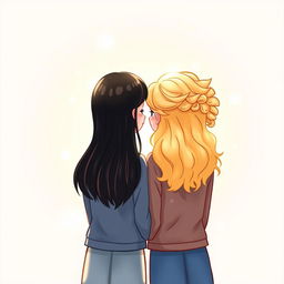 A charming book cover illustration featuring two friends, one with straight black hair and the other with semi-curly blonde hair, standing close together, facing each other from behind