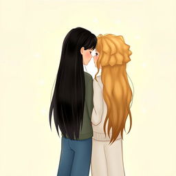 A charming book cover illustration featuring two friends, one with straight black hair and the other with semi-curly blonde hair, standing close together, facing each other from behind